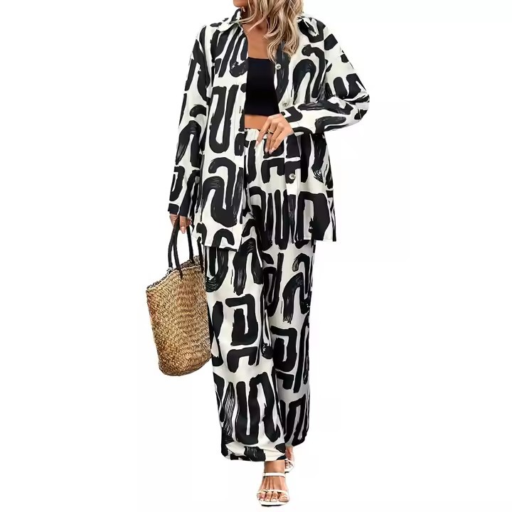 2025 Spring Lady Street Wear Women's Blouses & Shirts Long Sleeve Lace-up Shirt and Pants 2 Piece Set Women Clothing